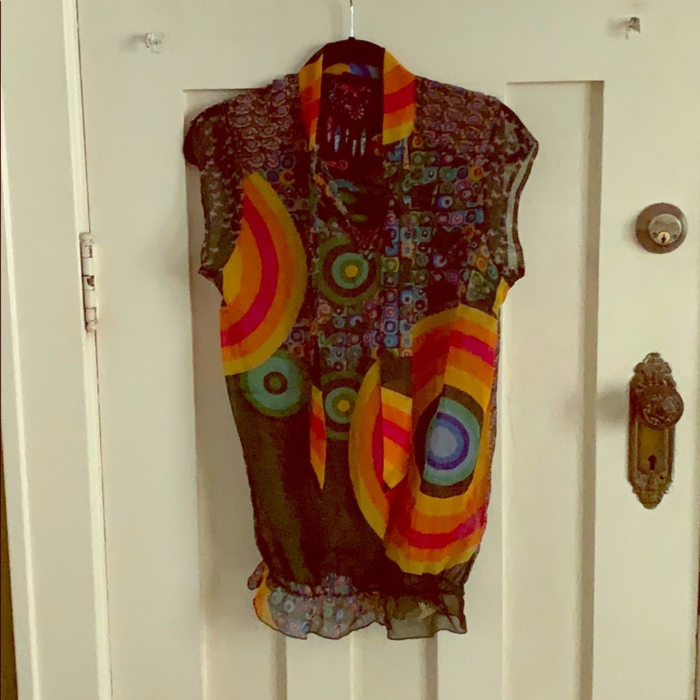 Vintage Desigual sheer tie-neck sleeveless blouse